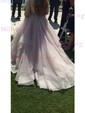 Ball Gown Scoop Neck Tulle Ruffle Tiered Prom Dresses With Beading