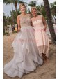 Ball Gown Scoop Neck Tulle Ruffle Tiered Prom Dresses With Beading