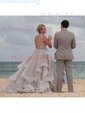Ball Gown Scoop Neck Tulle Ruffle Tiered Prom Dresses With Beading