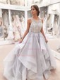 Ball Gown Scoop Neck Tulle Ruffle Tiered Prom Dresses With Beading