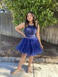 Ball Gown Scoop Neck Tulle Cut Out Prom Dresses With Appliques