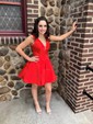 Elegant Skater Satin V-neck Ruched Homecoming Dresses