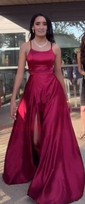 A-line Sweep Train Scoop Neck Silk-like Satin Pockets Prom Dresses