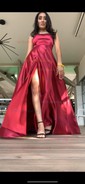 A-line Sweep Train Scoop Neck Silk-like Satin Pockets Prom Dresses