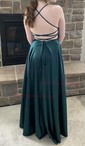 A-line Sweep Train Scoop Neck Silk-like Satin Pockets Prom Dresses