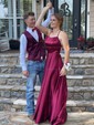 A-line Sweep Train Scoop Neck Silk-like Satin Pockets Prom Dresses