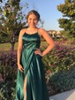 A-line Sweep Train Scoop Neck Silk-like Satin Pockets Prom Dresses