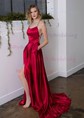 A-line Sweep Train Scoop Neck Silk-like Satin Pockets Prom Dresses