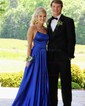 A-line Sweep Train Scoop Neck Silk-like Satin Pockets Prom Dresses