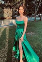 A-line Scoop Neck Satin Prom Dresses With Ruched