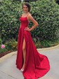 A-line Sweep Train Scoop Neck Silk-like Satin Pockets Prom Dresses