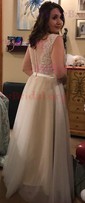 A-line Scoop Neck Lace Tulle Sweep Train Sashes / Ribbons Prom Dresses