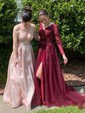 Ball Gown V-neck Backless Tulle Prom Dresses With Appliques