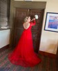 Ball Gown V-neck Backless Tulle Prom Dresses With Appliques