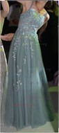 Ball Gown/Princess Sweep Train Scoop Neck Tulle Appliques Lace Prom Dresses