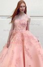 Ball Gown/Princess Sweep Train Scoop Neck Tulle Appliques Lace Prom Dresses