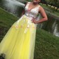 Ball Gown/Princess Sweep Train V-neck Tulle Appliques Lace Prom Dresses