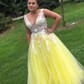 Ball Gown/Princess Sweep Train V-neck Tulle Appliques Lace Prom Dresses