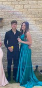 A-line Scoop Neck Satin Prom Dresses With Ruched