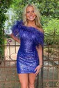 Fuzzy Trim One Shoulder Sequin Bodycon Mini Dress