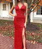 Sheath/Column V-neck Velvet Sequins Sweep Train Split Front Prom Dresses