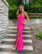 Sheath/Column V-neck Velvet Sequins Sweep Train Split Front Prom Dresses