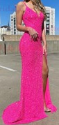 Sheath/Column V-neck Velvet Sequins Sweep Train Split Front Prom Dresses