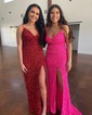 Sheath/Column V-neck Sparkly Velvet Sequin Prom Dresses