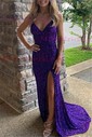 Sheath/Column V-neck Velvet Sequins Sweep Train Split Front Prom Dresses