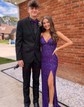 Sheath/Column V-neck Velvet Sequins Sweep Train Split Front Prom Dresses