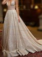 A-line V-neck Glitter Sweep Train Prom Dresses