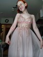 Ball Gown/Princess Sweep Train V-neck Tulle Beading Prom Dresses