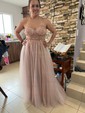 Ball Gown/Princess Sweep Train V-neck Tulle Beading Prom Dresses