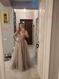 Ball Gown/Princess Sweep Train V-neck Tulle Beading Prom Dresses