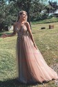 Ball Gown/Princess Sweep Train V-neck Tulle Beading Prom Dresses