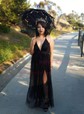 A-line Floor-length V-neck Tulle Split Front Prom Dresses