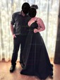 A-line V-neck Satin Sweep Train Pockets Prom Dresses