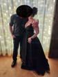 A-line V-neck Satin Sweep Train Pockets Prom Dresses