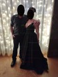 A-line V-neck Satin Sweep Train Pockets Prom Dresses