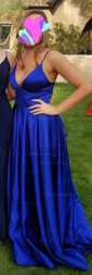 A-line V-neck Satin Sweep Train Pockets Prom Dresses