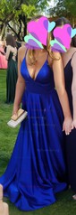 A-line V-neck Satin Sweep Train Pockets Prom Dresses