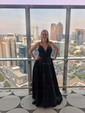 A-line V-neck Satin Sweep Train Pockets Prom Dresses