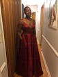 A-line V-neck Satin Sweep Train Pockets Prom Dresses