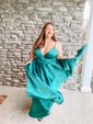 A-line V-neck Satin Sweep Train Pockets Prom Dresses