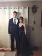 A-line V-neck Satin Sweep Train Pockets Prom Dresses