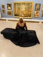 A-line V-neck Satin Sweep Train Pockets Prom Dresses