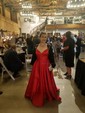 A-line V-neck Satin Sweep Train Pockets Prom Dresses