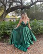 A-line V-neck Satin Sweep Train Pockets Prom Dresses