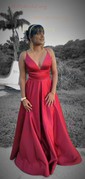 A-line V-neck Satin Sweep Train Pockets Prom Dresses