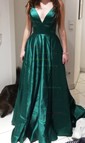 A-line V-neck Satin Sweep Train Pockets Prom Dresses